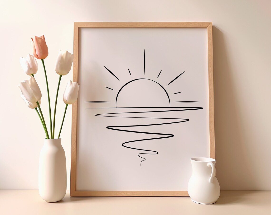 Sun Ocean Waves One Line Art Minimalist Sunrise Summer Drawing Poster