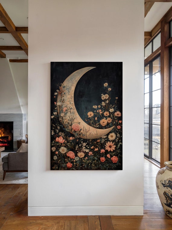Floral Crescent Moon Wall Art Print Dark Cottagecore Aesthetic Whimsigoth Decor William Morris Botanical Print Boho Lunar Art