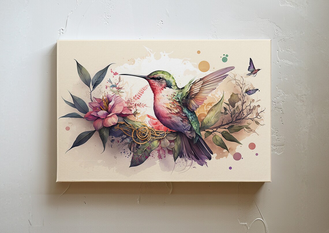 Watercolor Hummingbird Art Print, Flower Decor
