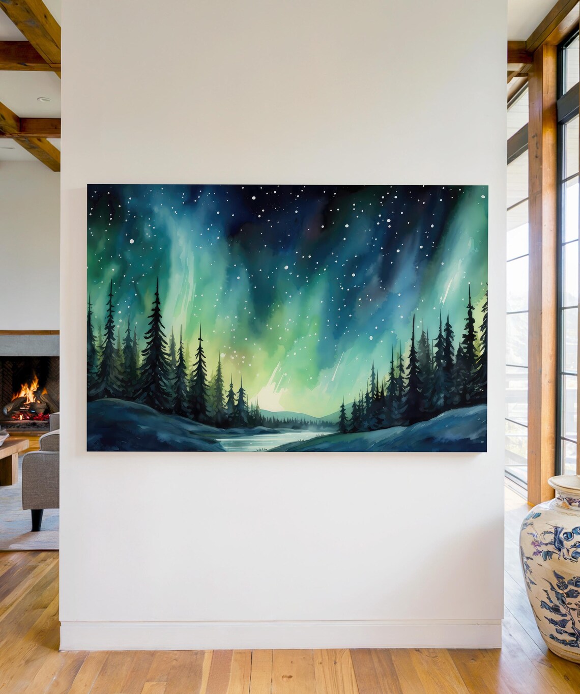 Watercolor Northern Lights, Snowy Forest Art Print