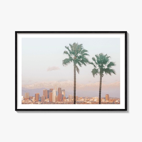 Los Angeles Downtown Skyline Palm Trees Mountains Sunset Poster