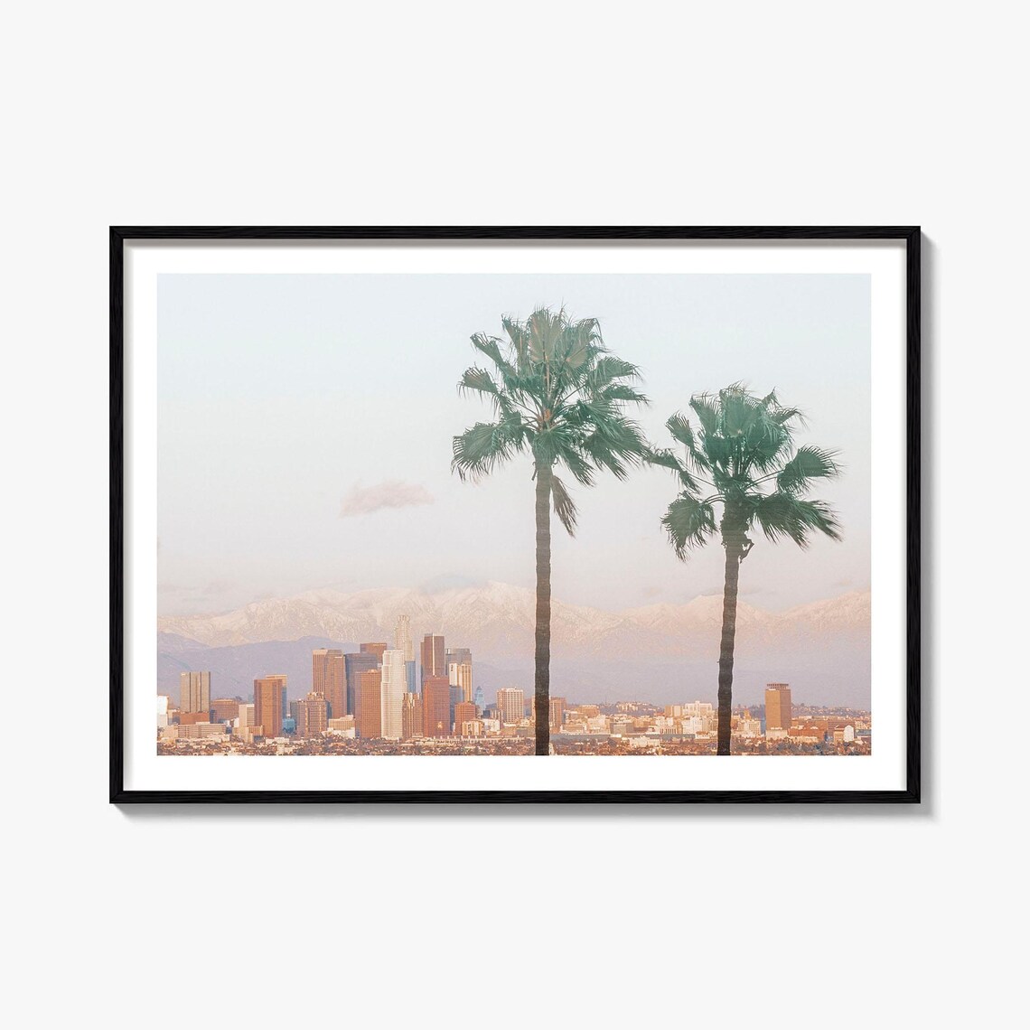 Los Angeles Downtown Skyline Palm Trees Mountains Sunset Poster