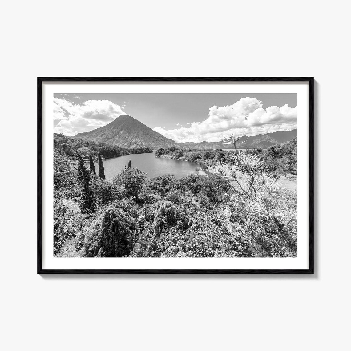 Guatemala Volcano Lake Black and White Landscape Photography Poster