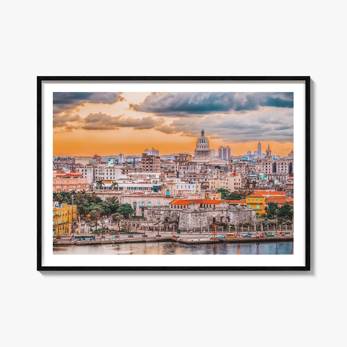 Havana Cuba Capitol Sunset Skyline Classic Cars Waterfront Poster