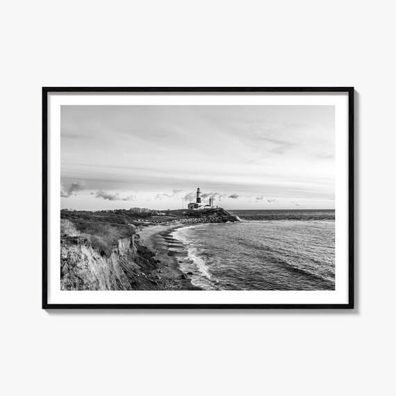 Long Beach Island Lighthouse Striped Tower Rocky Coast Black White Poster