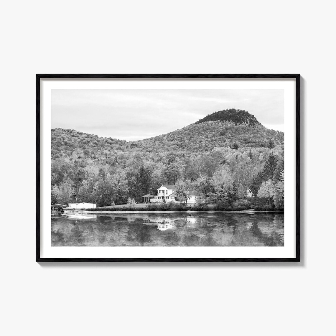 Vermont Black White Mountain Lake Cabin Reflections Photo Poster