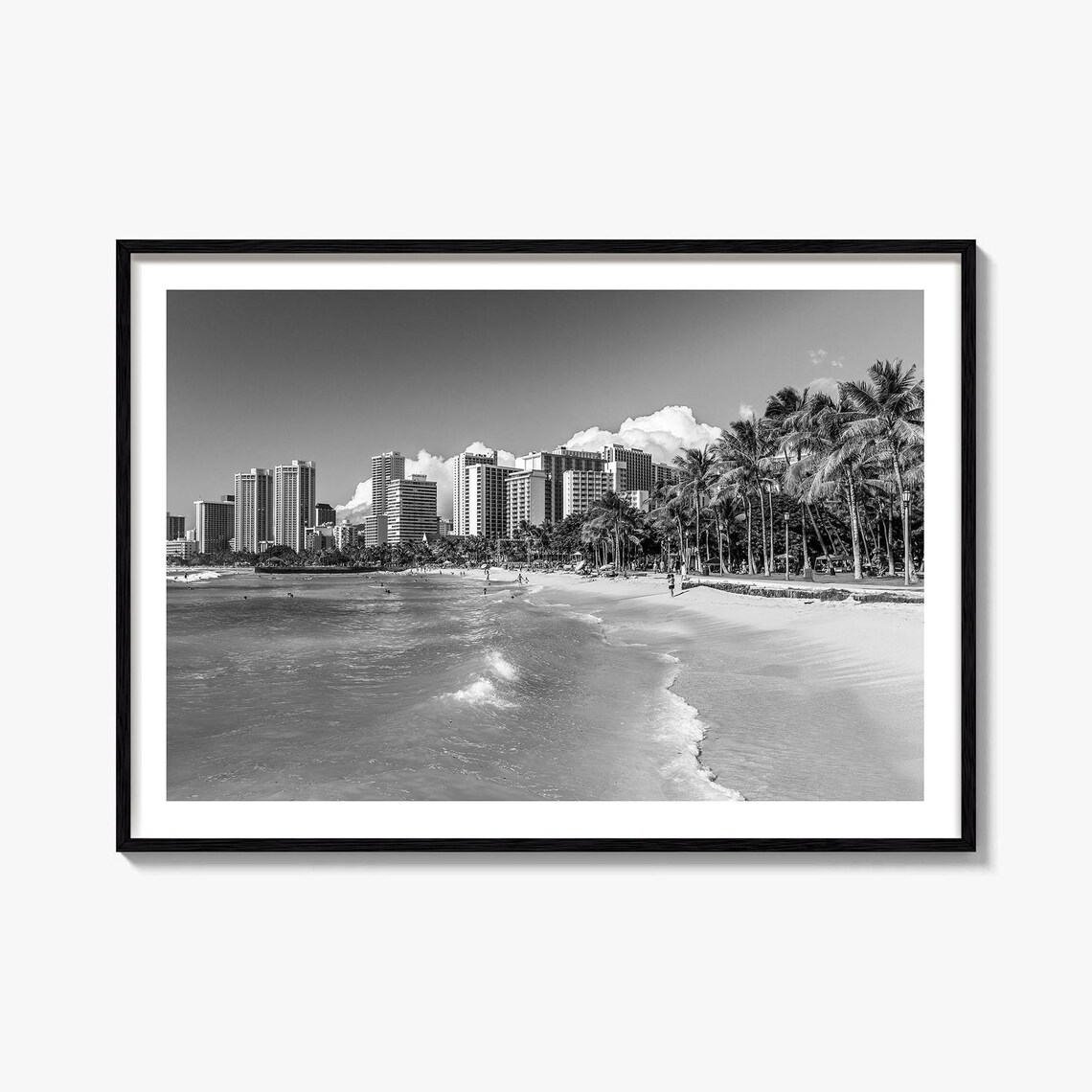 Honolulu Black and White Travel Poster, Map Art