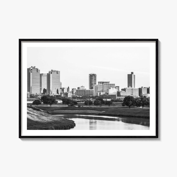 Fort Worth Texas Skyline Trinity River Black and White City Poster