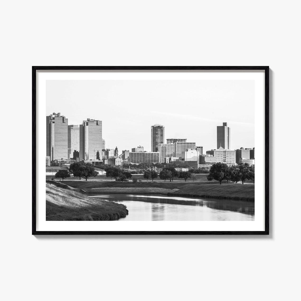 Fort Worth Texas Skyline Trinity River Black and White City Poster