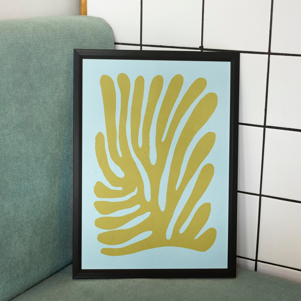 Olive Green Leaf Abstract Paper Cutout on Sky Blue Art Print - Image 2