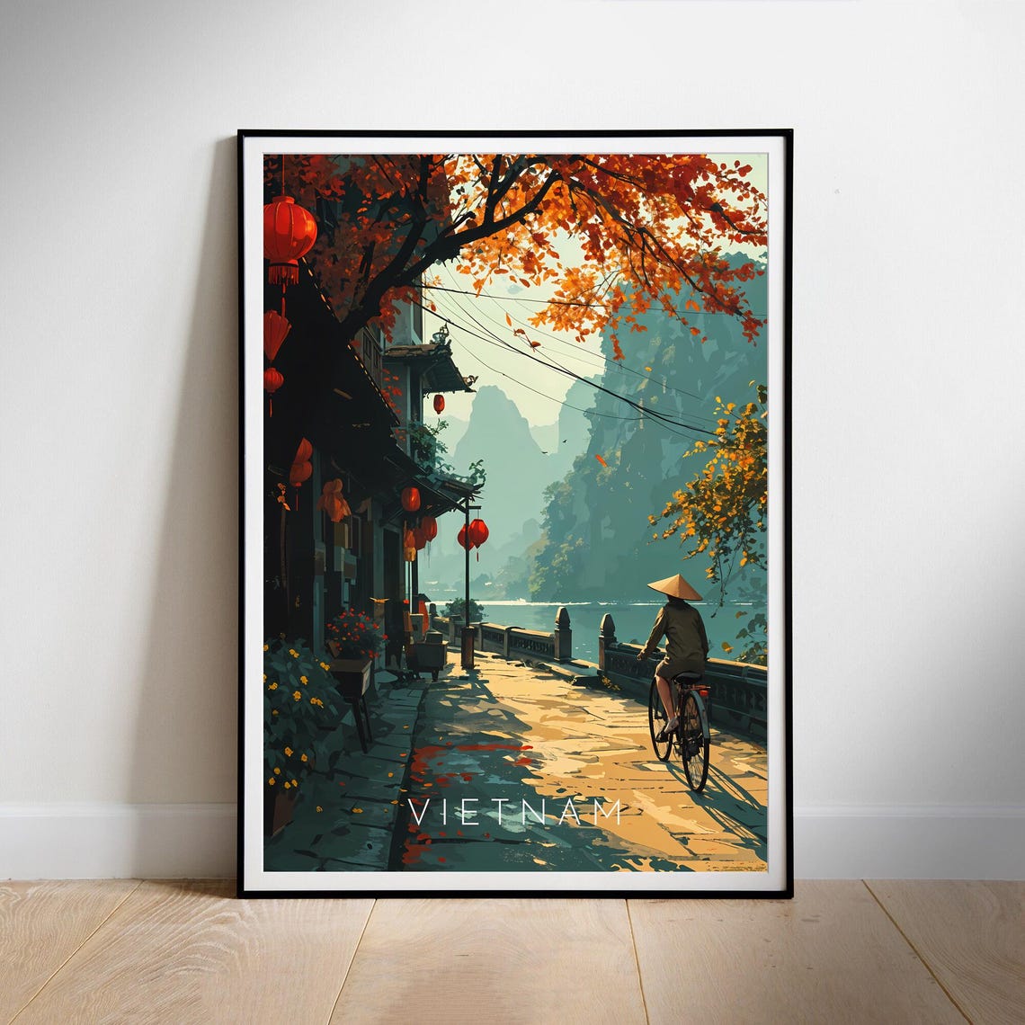 Vietnam Street Lanterns Cyclist Karst Mountains Travel Poster