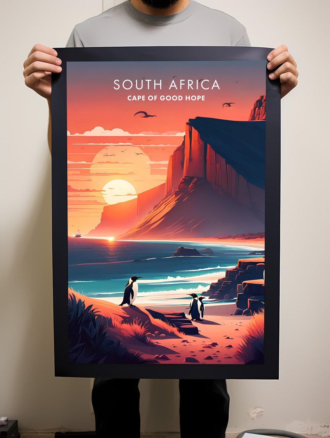 Cape Of Good Hope South Africa Sunset Penguins Illustrated Poster - Image 2