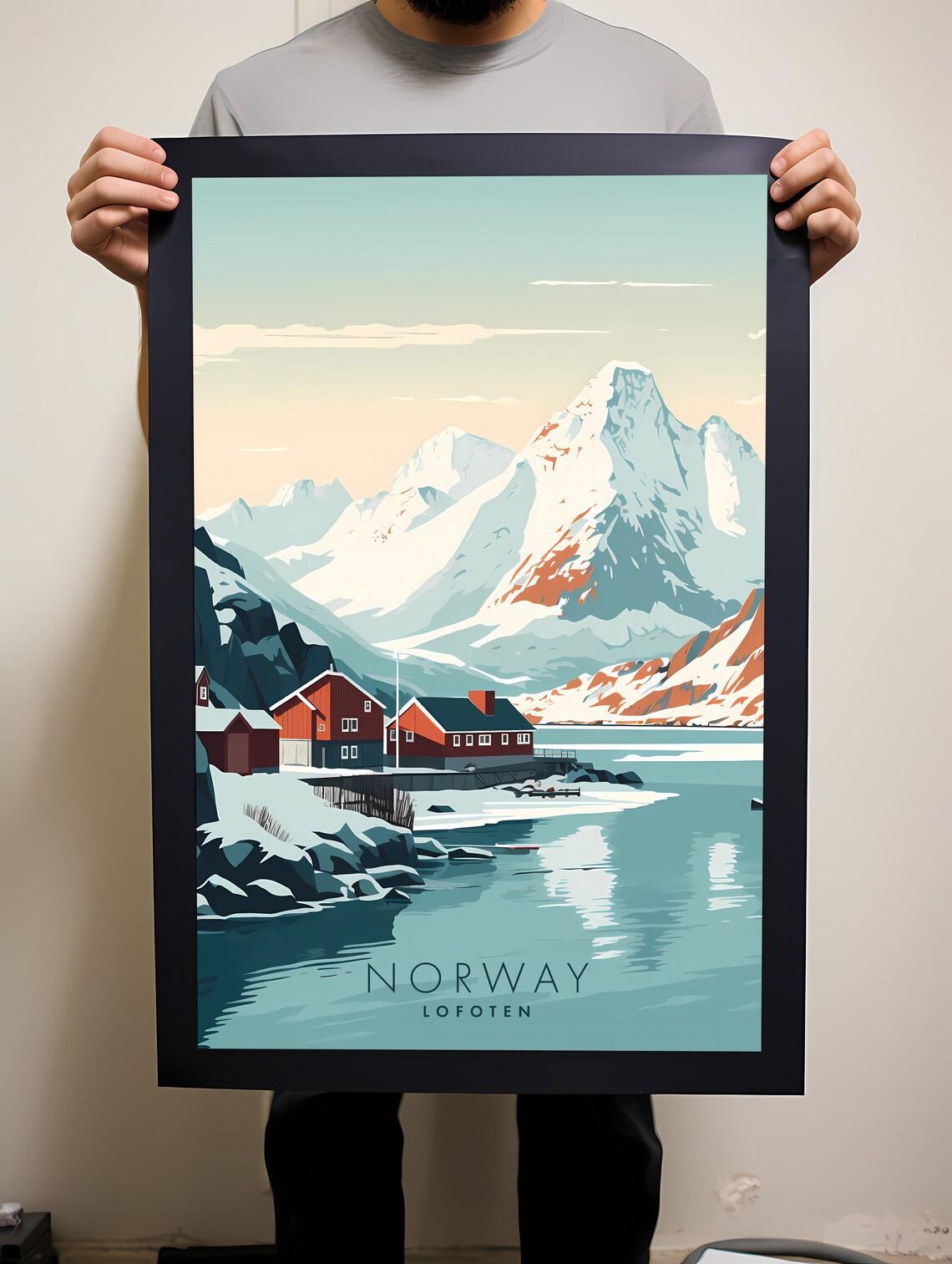 Lofoten Norway Red Cabins Snowy Peaks Vintage Style Travel Poster