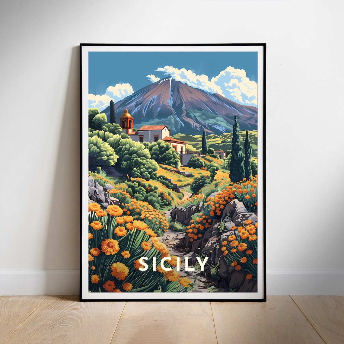 Sicily Mount Etna Church Wildflowers Countryside Italy Travel Poster - Image 2