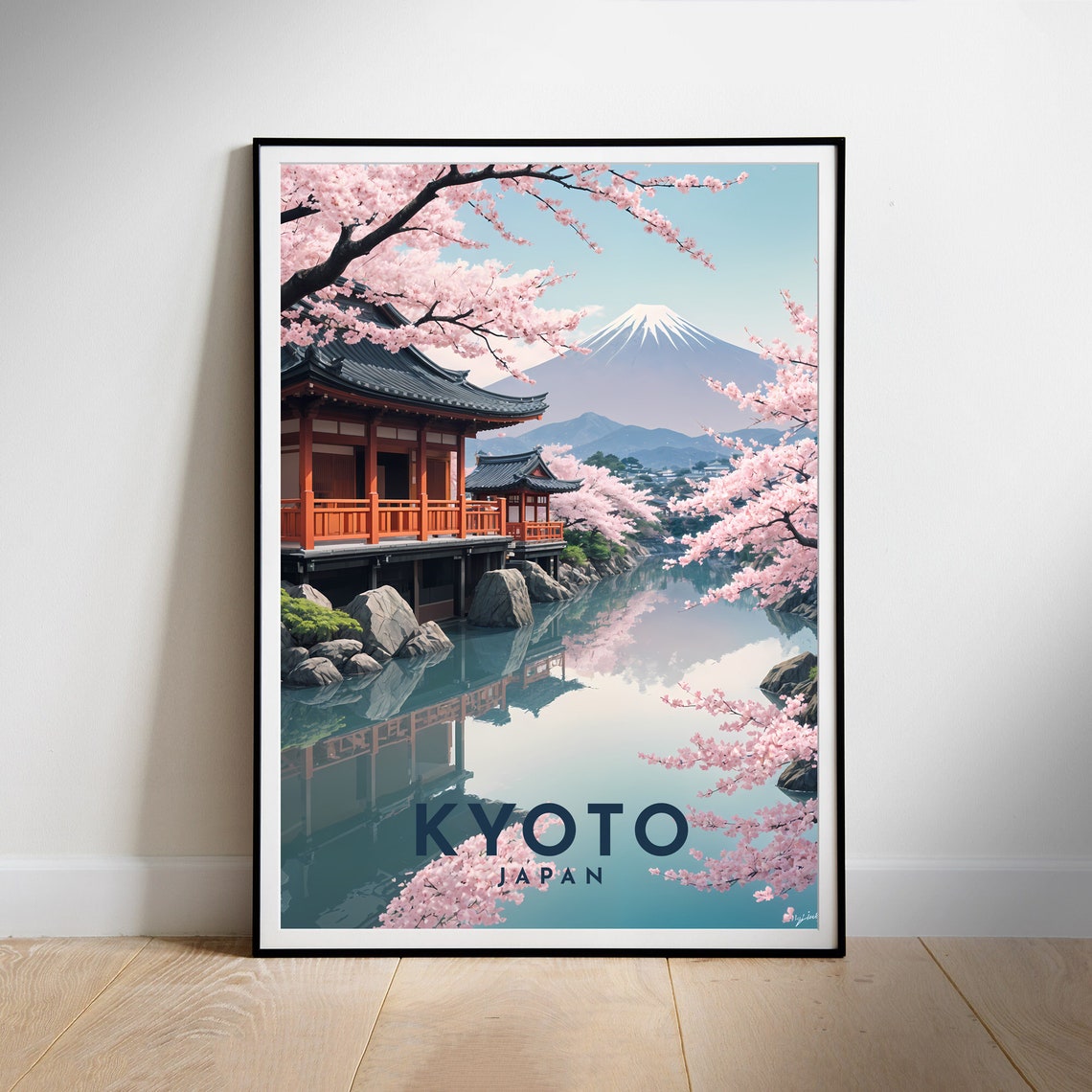 Kyoto Japan Cherry Blossom Temple Illustration Travel Poster - Image 2
