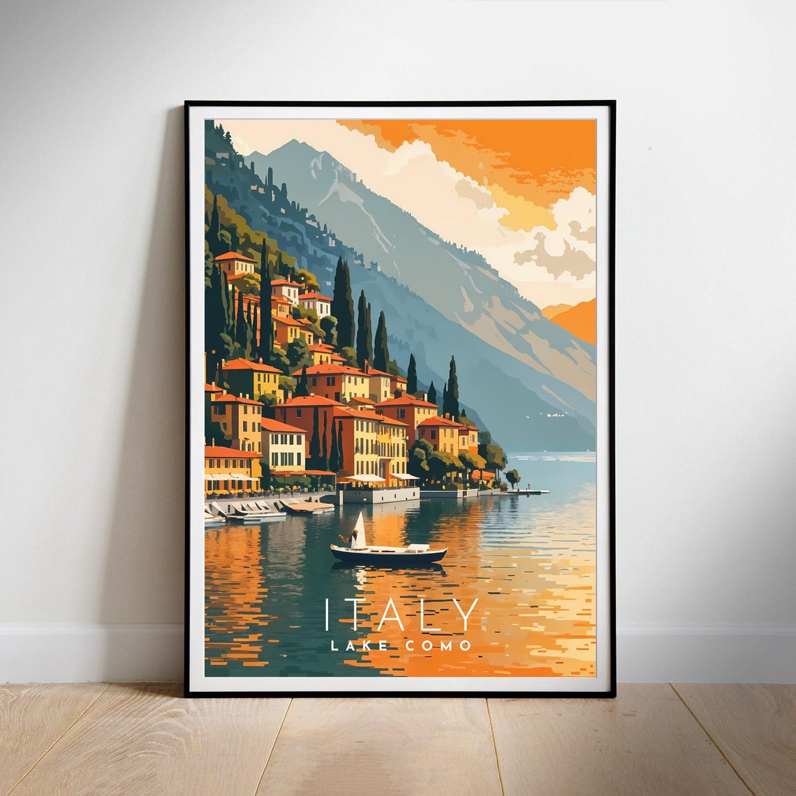 Lake Como Italy Sunset Lakeside Village Panorama Travel Poster
