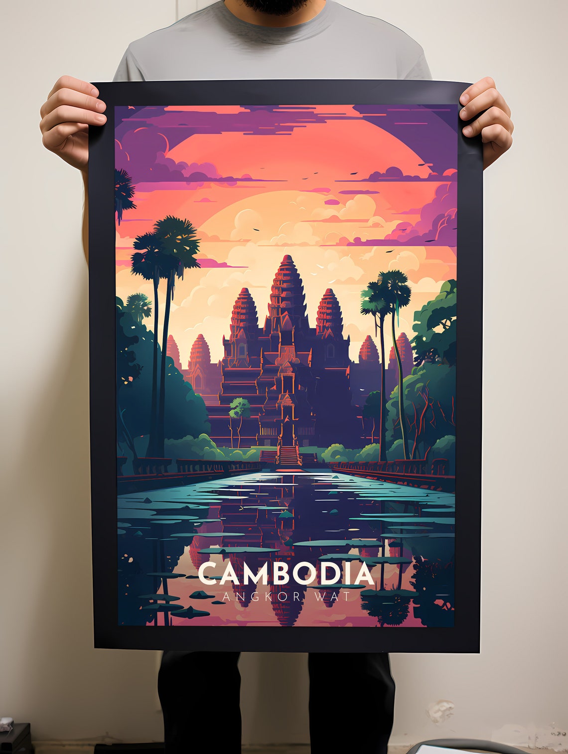Cambodia Angkor Wat Temple Golden Sunset Reflection Travel Poster