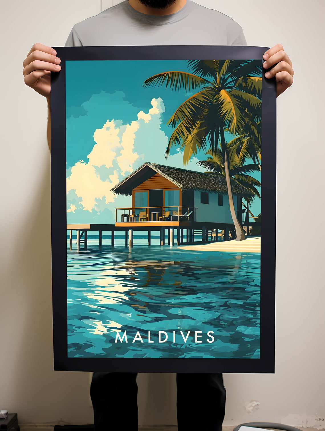 Maldives Overwater Bungalow Turquoise Sea Colorful Travel Poster - Image 2