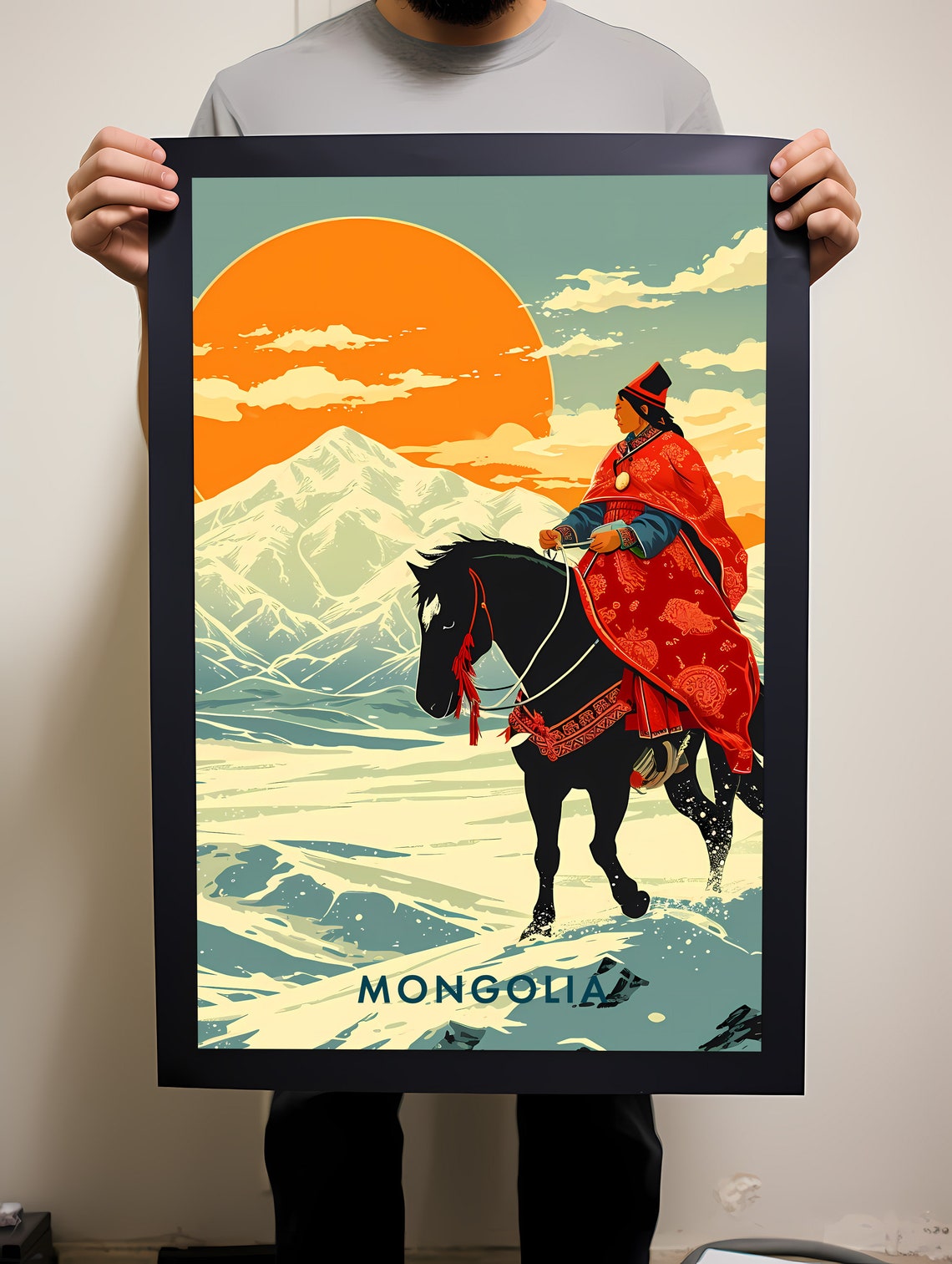 Mongolia Horseman Snowy Steppe Mountains Sunset Illustration Poster