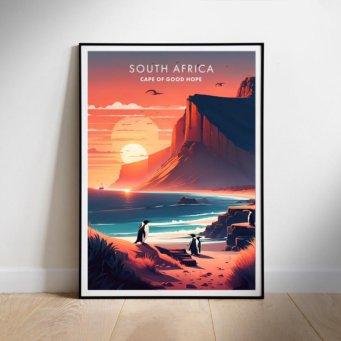 Cape Of Good Hope South Africa Sunset Penguins Illustrated Poster