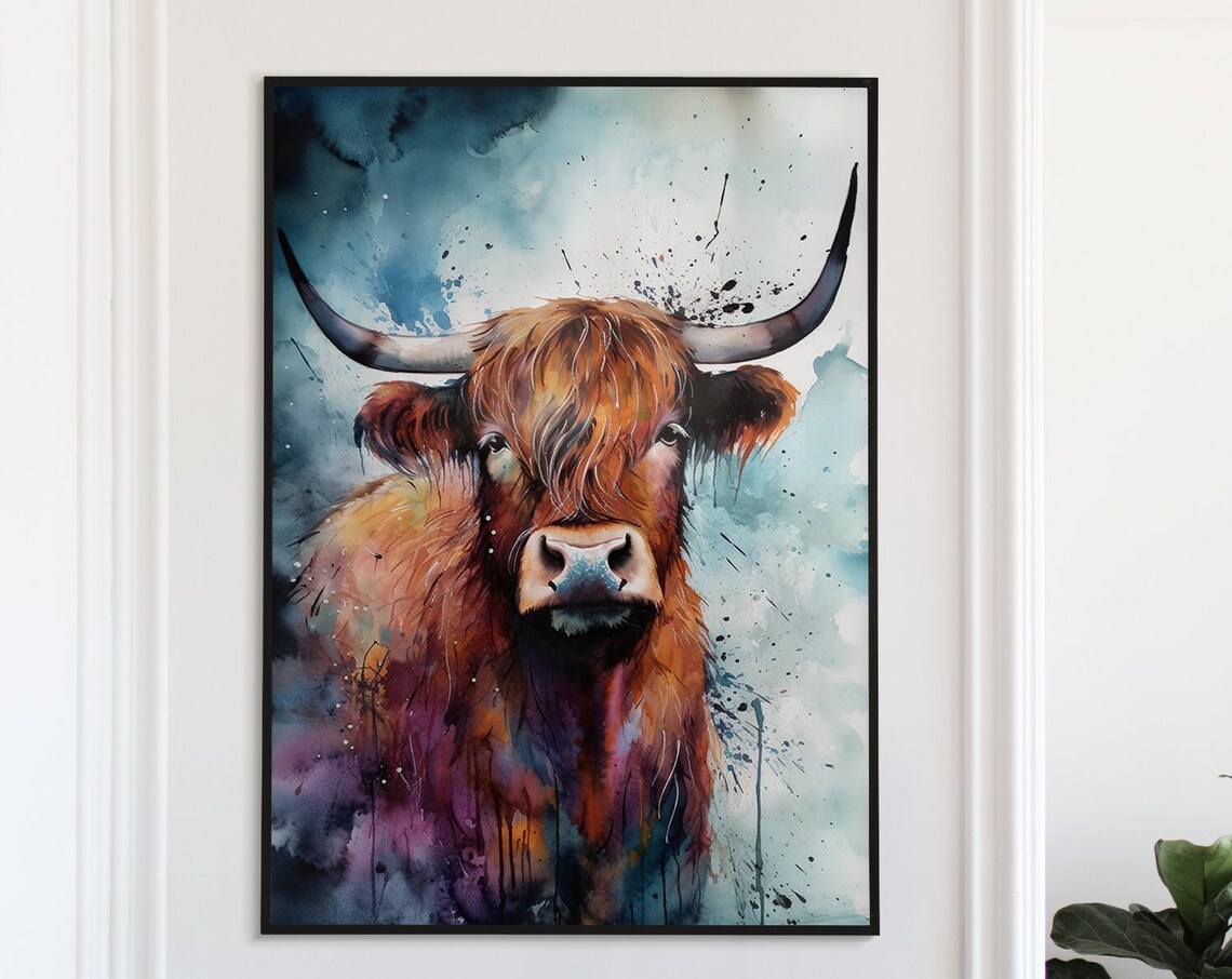 Highland Cow Watercolor Portrait Shaggy Brown Farm Art Poster