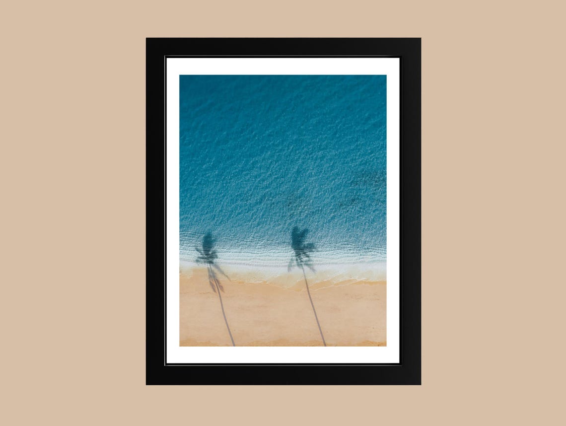 Aerial Beach Palm Tree Shadows Turquoise Ocean Drone View Poster
