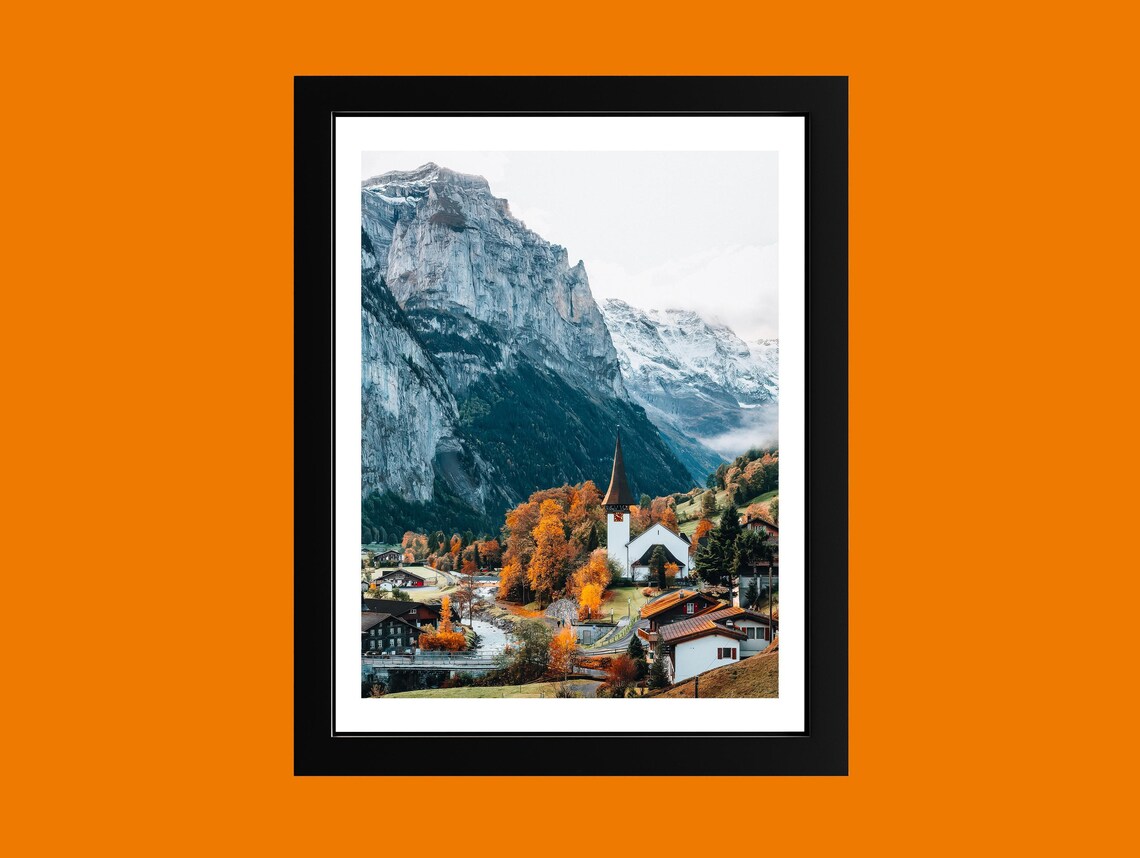 Autumn Alpine Valley Village Church Under Snowy Mountain Poster
