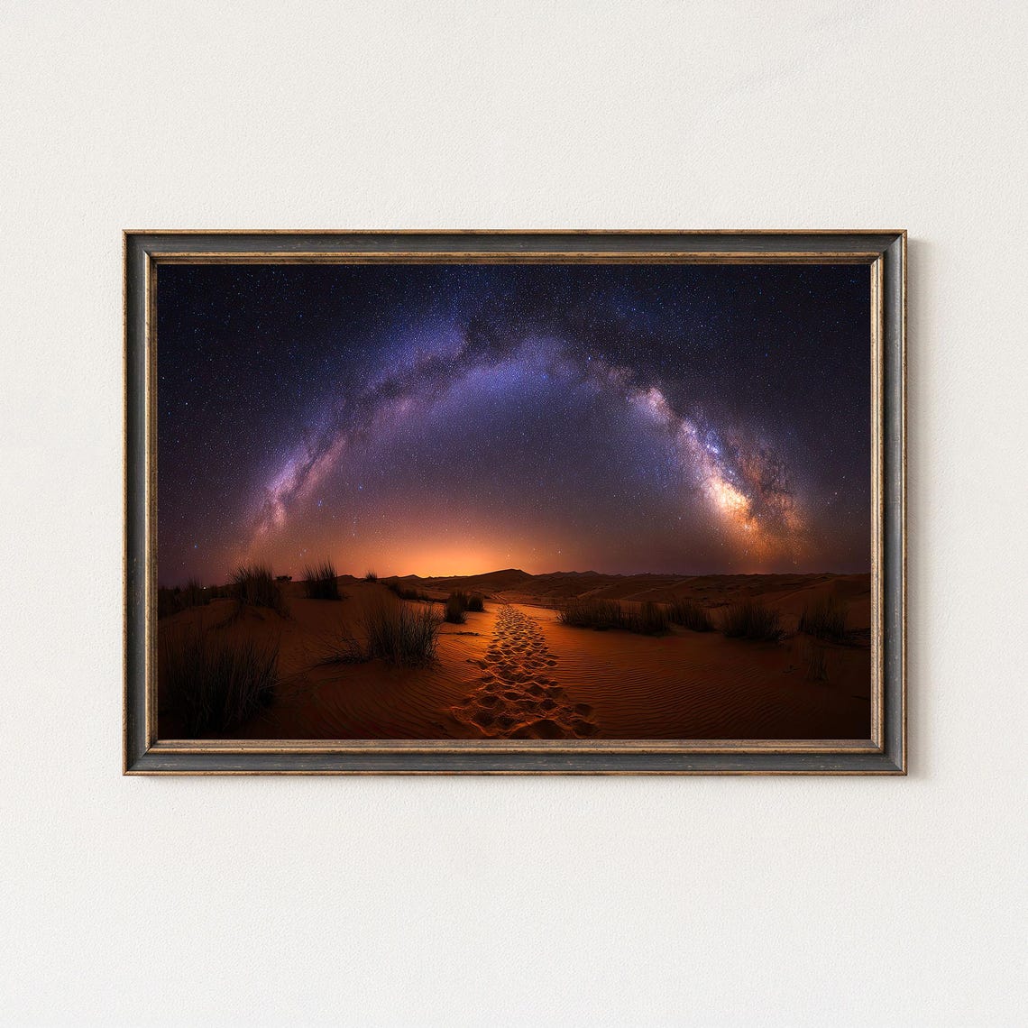 Milky Way Arch Over Desert Dunes Footprints Starry Night Poster