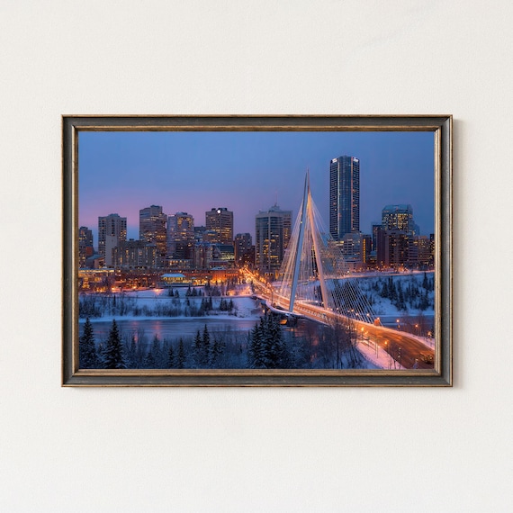 Edmonton Skyline Wall Art Canada Cityscape Print Blue Hour Winter Bridge Photography Decor