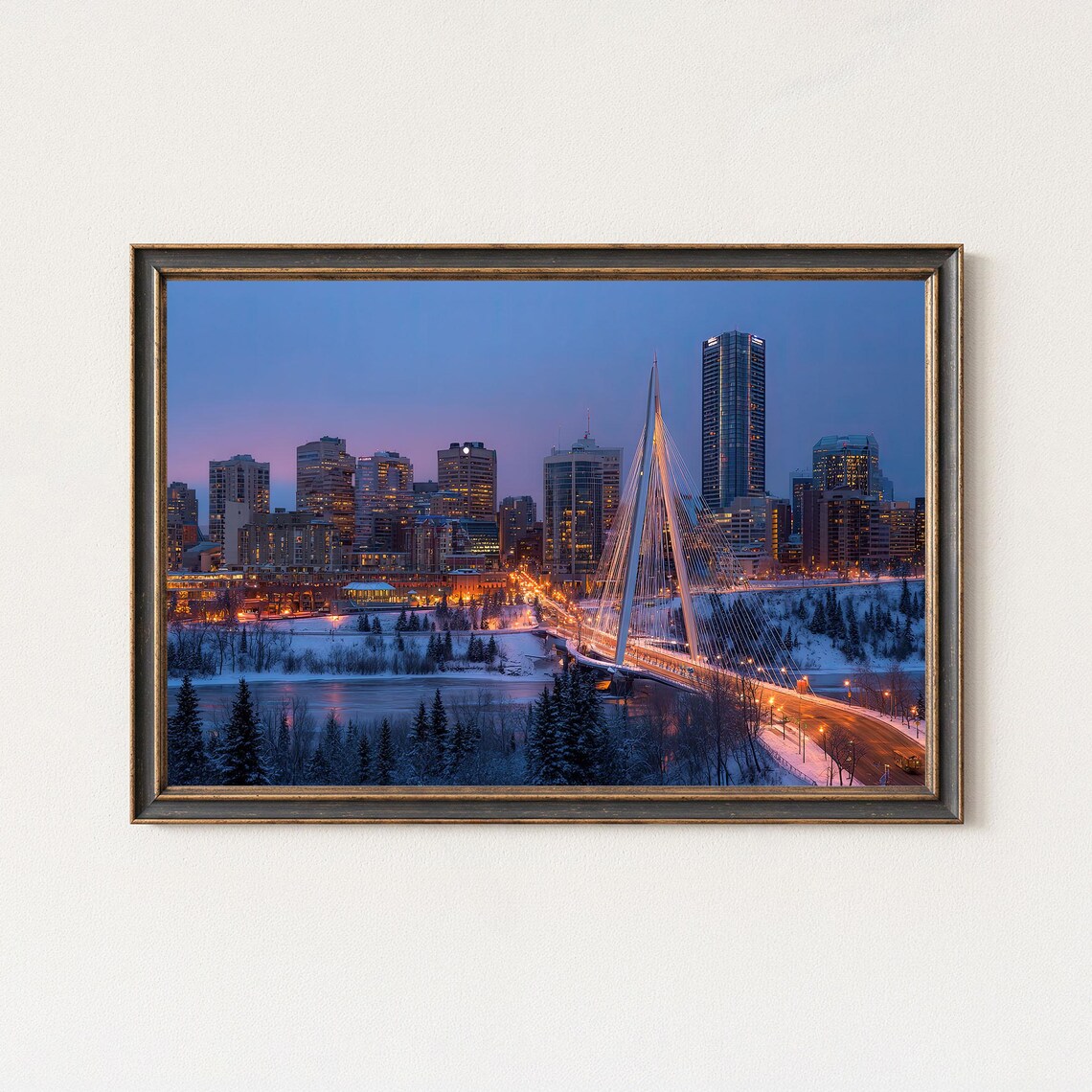 Edmonton Skyline Wall Art Canada Cityscape Print Blue Hour Winter Bridge Photography Decor
