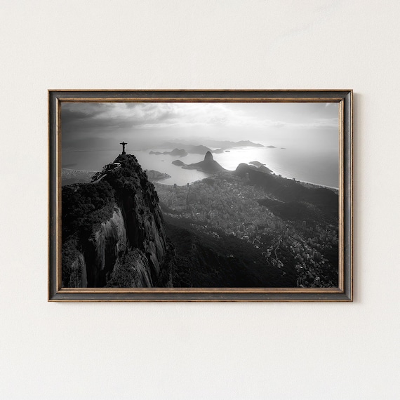 Rio De Janeiro Christ The Redeemer Skyline Black And White Photo Poster
