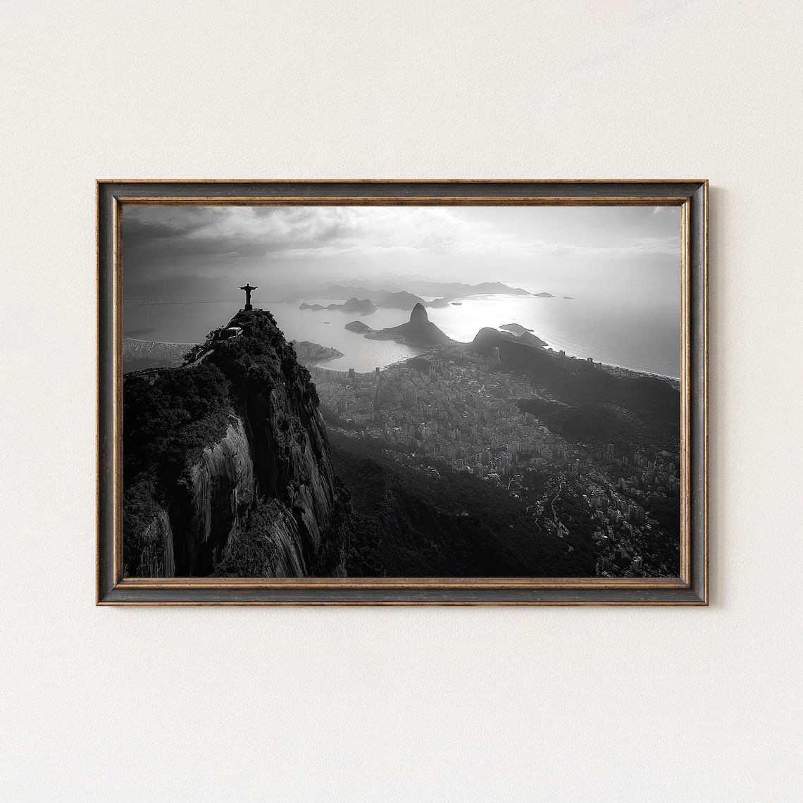 Rio De Janeiro Christ The Redeemer Skyline Black And White Photo Poster