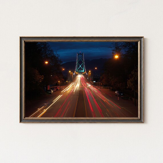 Vancouver Lions Gate Bridge Night Light Trails Harbor View Poster