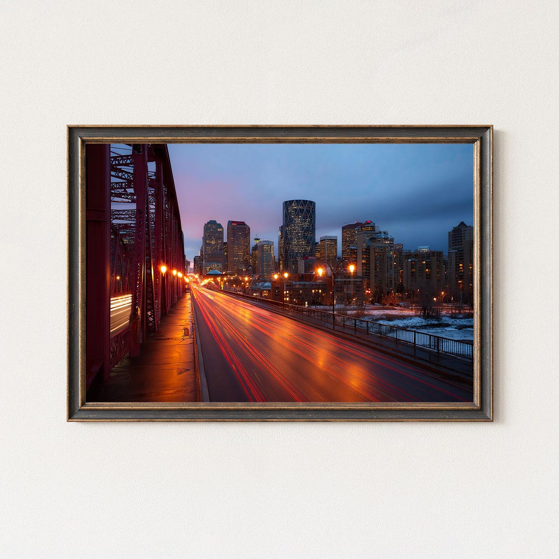 Calgary Skyline Centre Street Bridge Night Light Trail Poster
