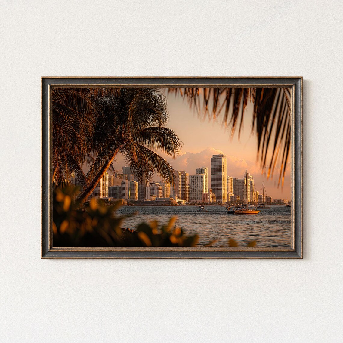 Miami Skyline Wall Art Tropical Sunset Cityscape Print Palm Tree Coastal Decor