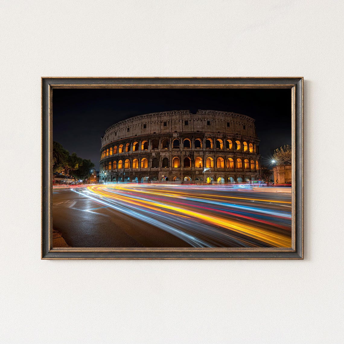 Rome Colosseum Night Traffic Light Trails City Landmark Poster