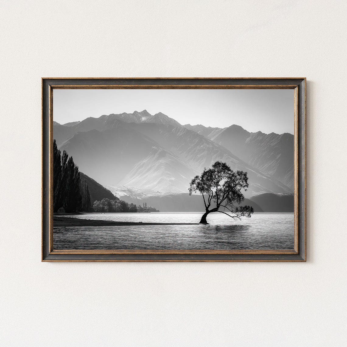 Serene Lone Tree Standing in Mountain Lake Black and White Poster