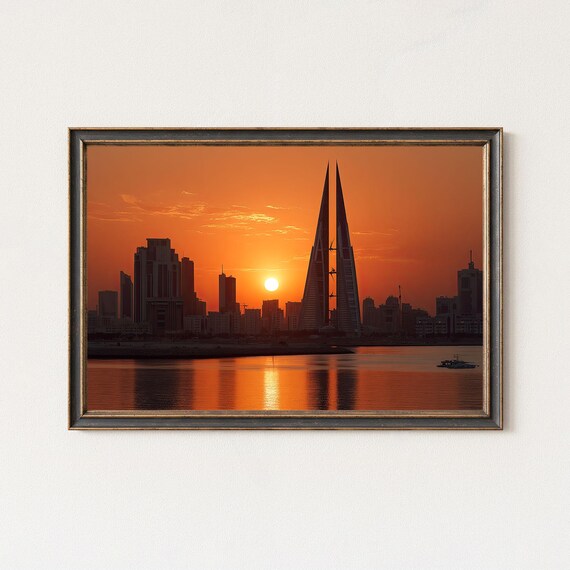 Bahrain Manama Sunset Wall Art Orange Skyline Print Modern Gulf Decor