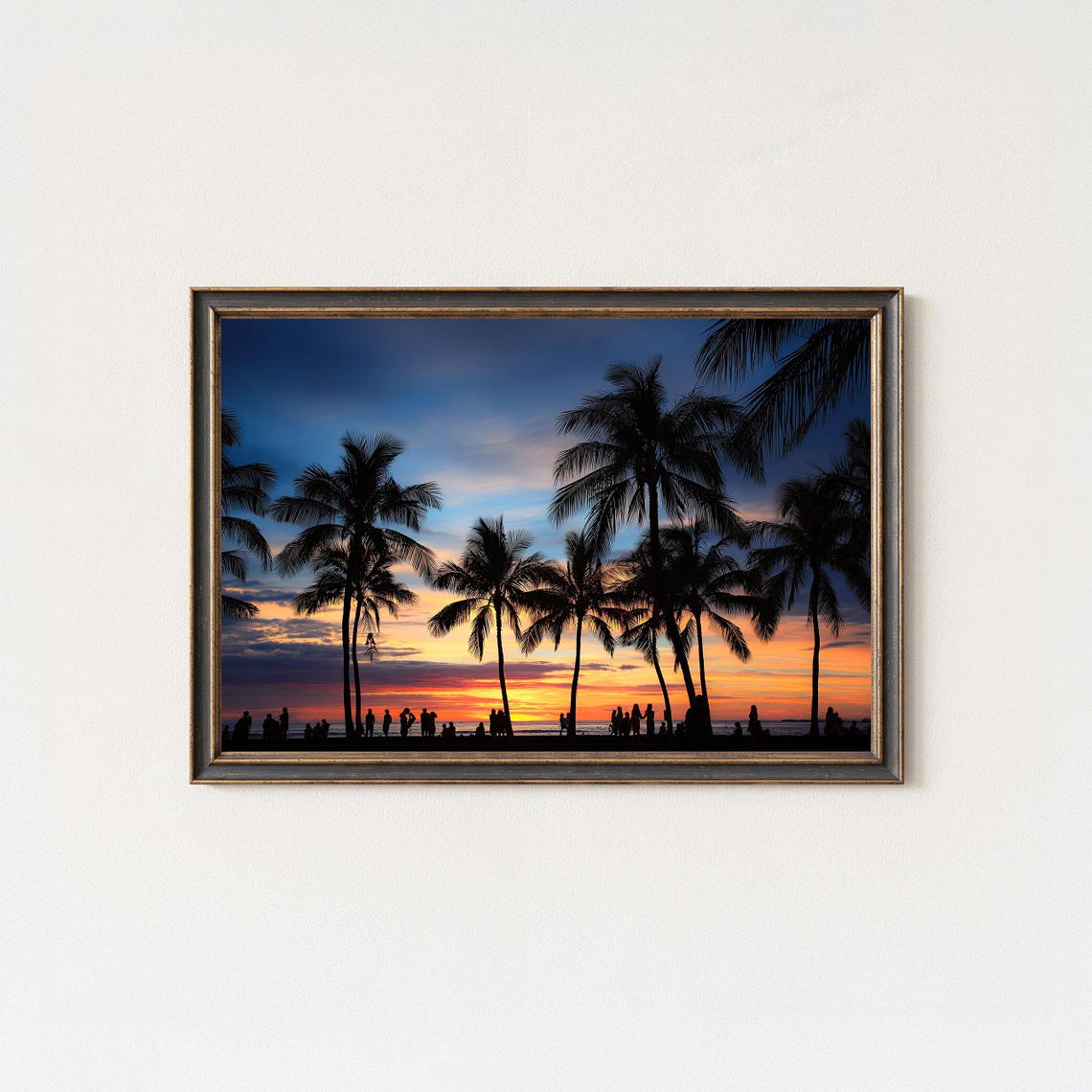 Waikiki Beach Sunset Palm Silhouette Crowd Tropical Ocean Poster