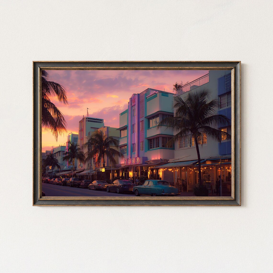 Miami Ocean Drive Sunset Art Deco Neon Street Palm Trees Poster