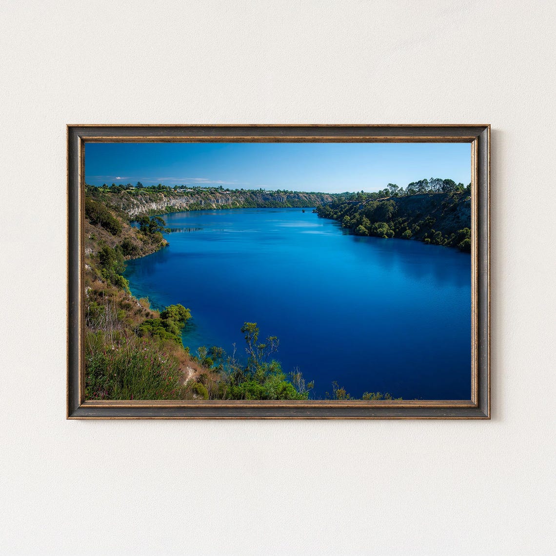 Vibrant Cobalt Blue Crater Lake Clear Sky Framed Landscape Wall Art