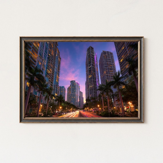 Miami Brickell Avenue Print Sunset Skyline Light Trails Art