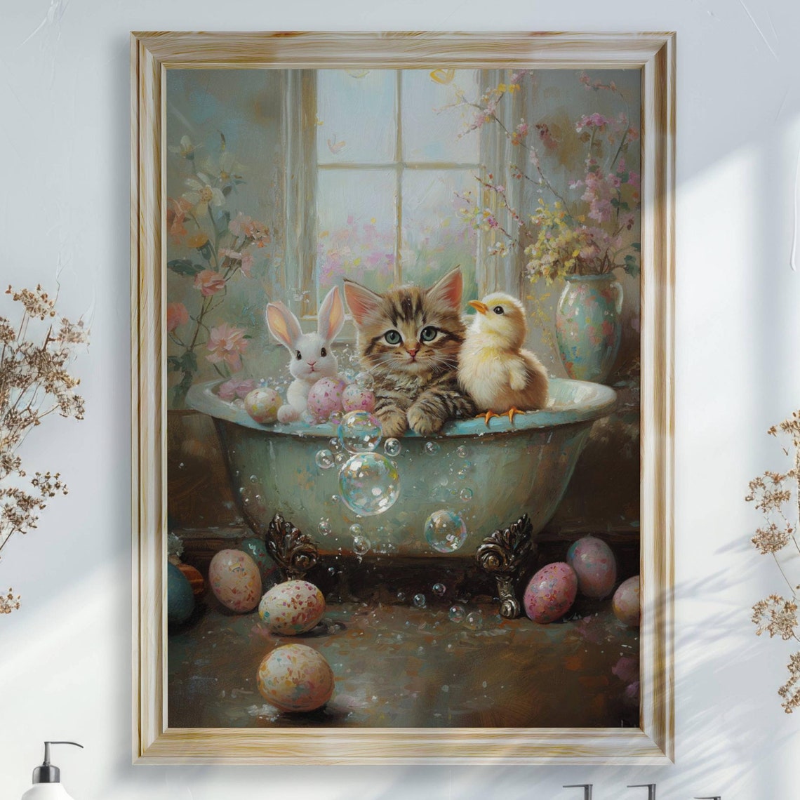 Tabby Kitten Bunny and Chick in a Floral Easter Bubble Bath Poster