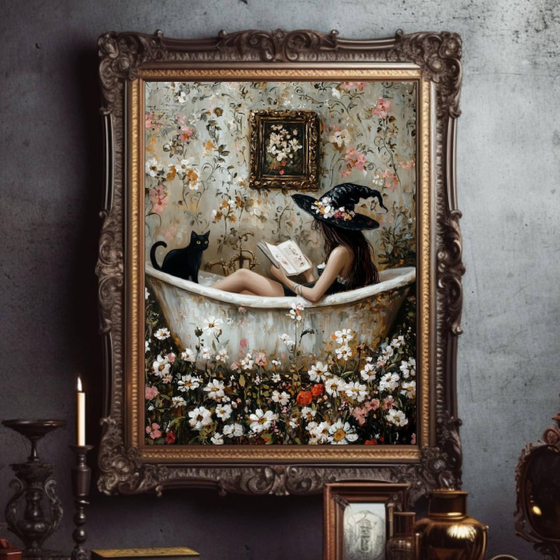 Witch Reading in Bathtub Cat Wall Art Poster