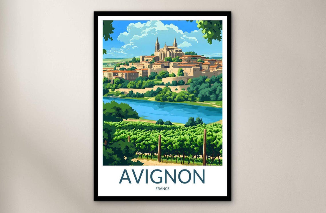 Avignon Hilltop Old Town River Vineyard Vintage Travel Poster