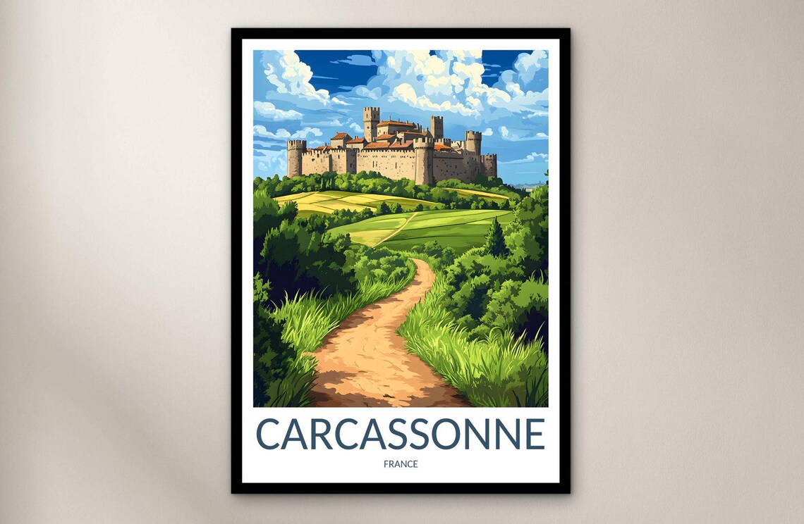 Carcassonne France Medieval Castle Hilltop Travel Poster Wall Decor