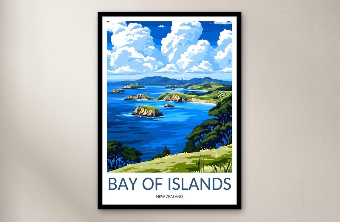 Bay Of Islands New Zealand Green Island Bay Vintage Travel Poster