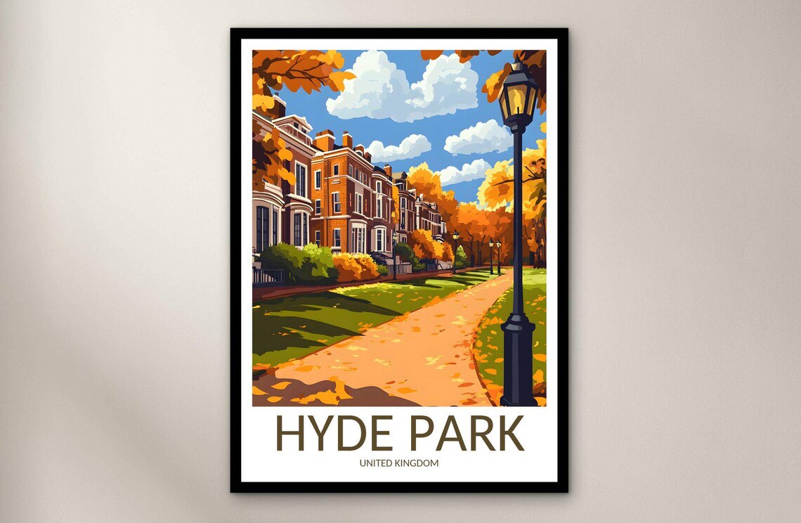 Hyde Park Autumn Path Townhouses Lamp London Vintage Travel Poster