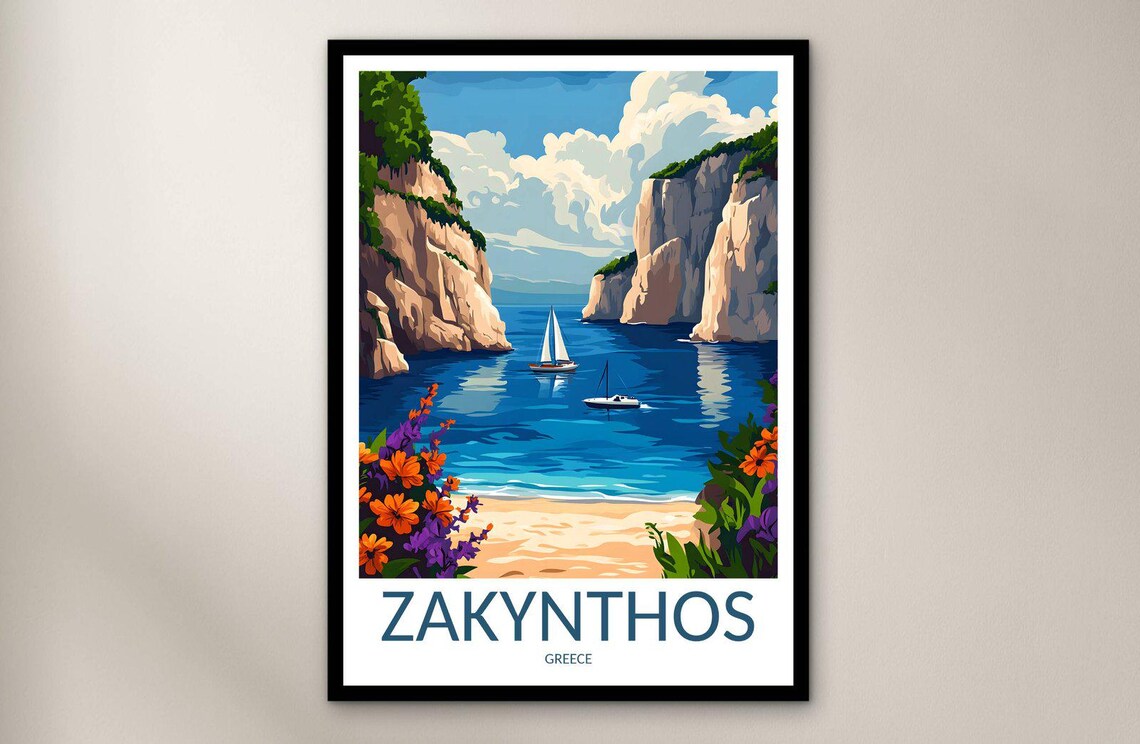 Zakynthos Cliff Cove Sailboats Flower Coast Vintage Travel Poster