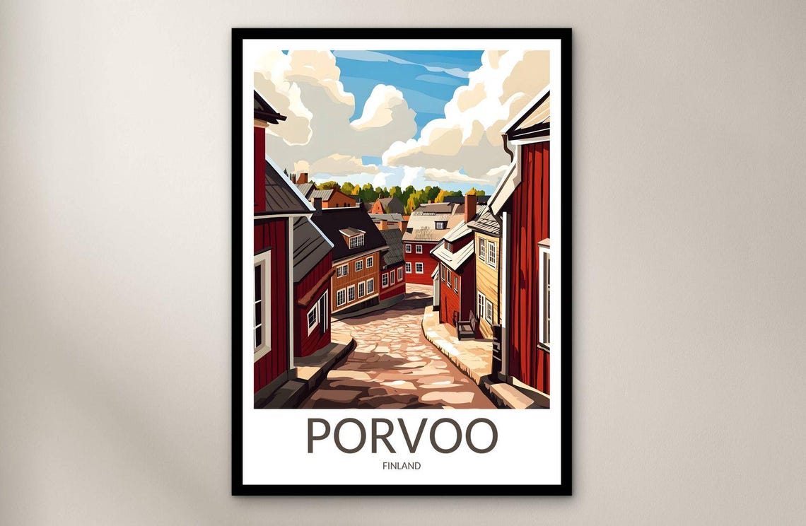 Porvoo Finland Charming Cobblestone Old Town Red Houses Travel Poster